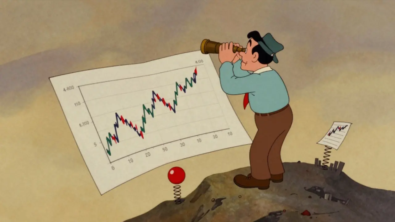 A trader on a daily chart looking down through a telescope at smaller timeframes below.