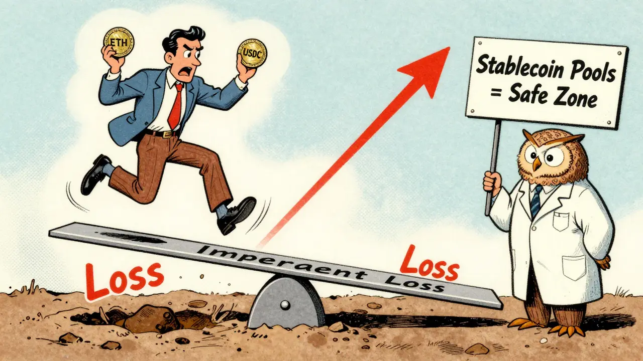 A trader on a seesaw labeled 'Impermanent Loss' tumbles down as ETH rises, watched by a wise owl.