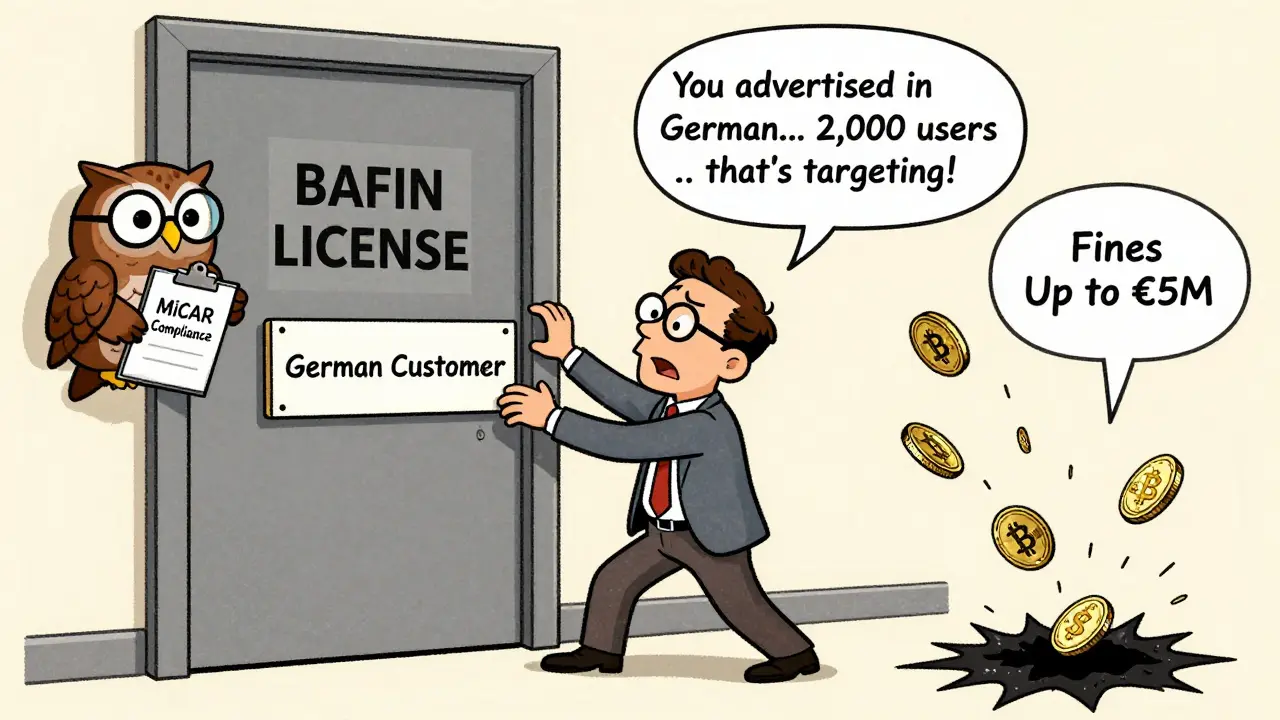 A U.S. crypto CEO nervously tries to hide German customers from a watchful BaFin owl in vintage cartoon style.