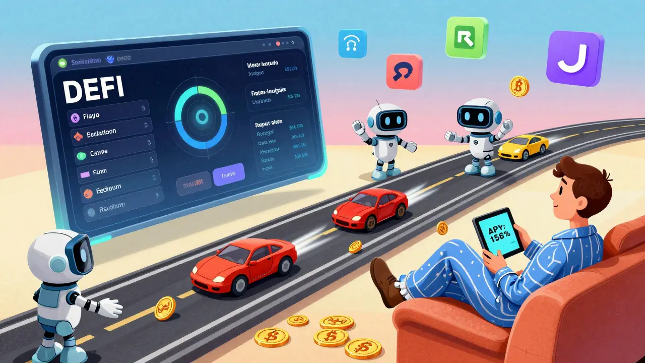 A user relaxes on a couch as AI bots auto-adjust liquidity tokens racing along a blockchain highway.