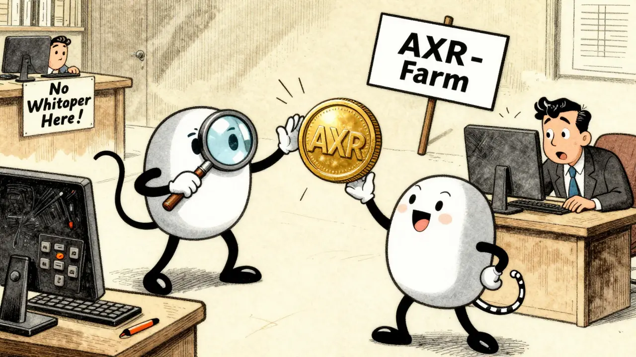 AI agents celebrating over a giant AXR coin while a nervous investor hides, in vintage cartoon style.
