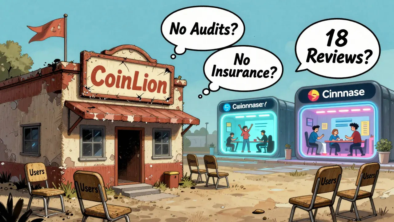 An abandoned CoinLion building overshadowed by thriving modern crypto exchanges in vintage cartoon aesthetic.