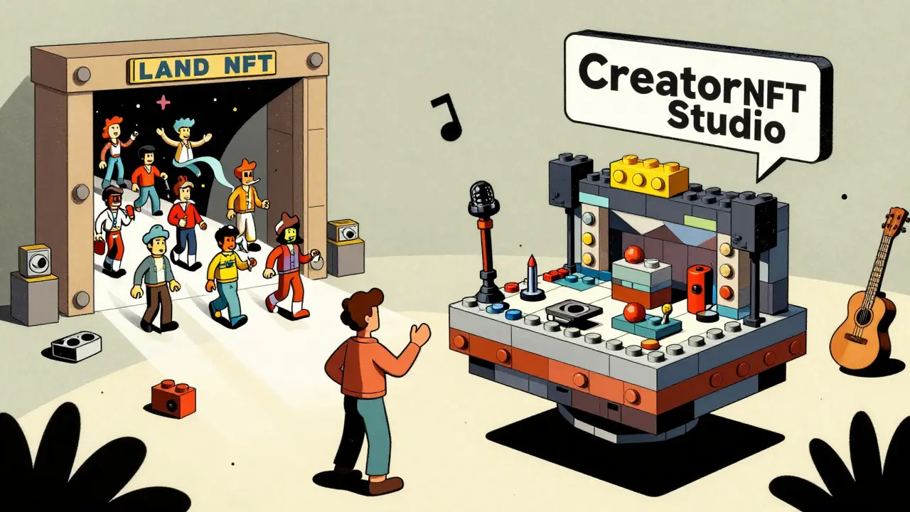 An artist building a nightclub in the Creator Studio using block-like tools, with avatars entering through a portal.