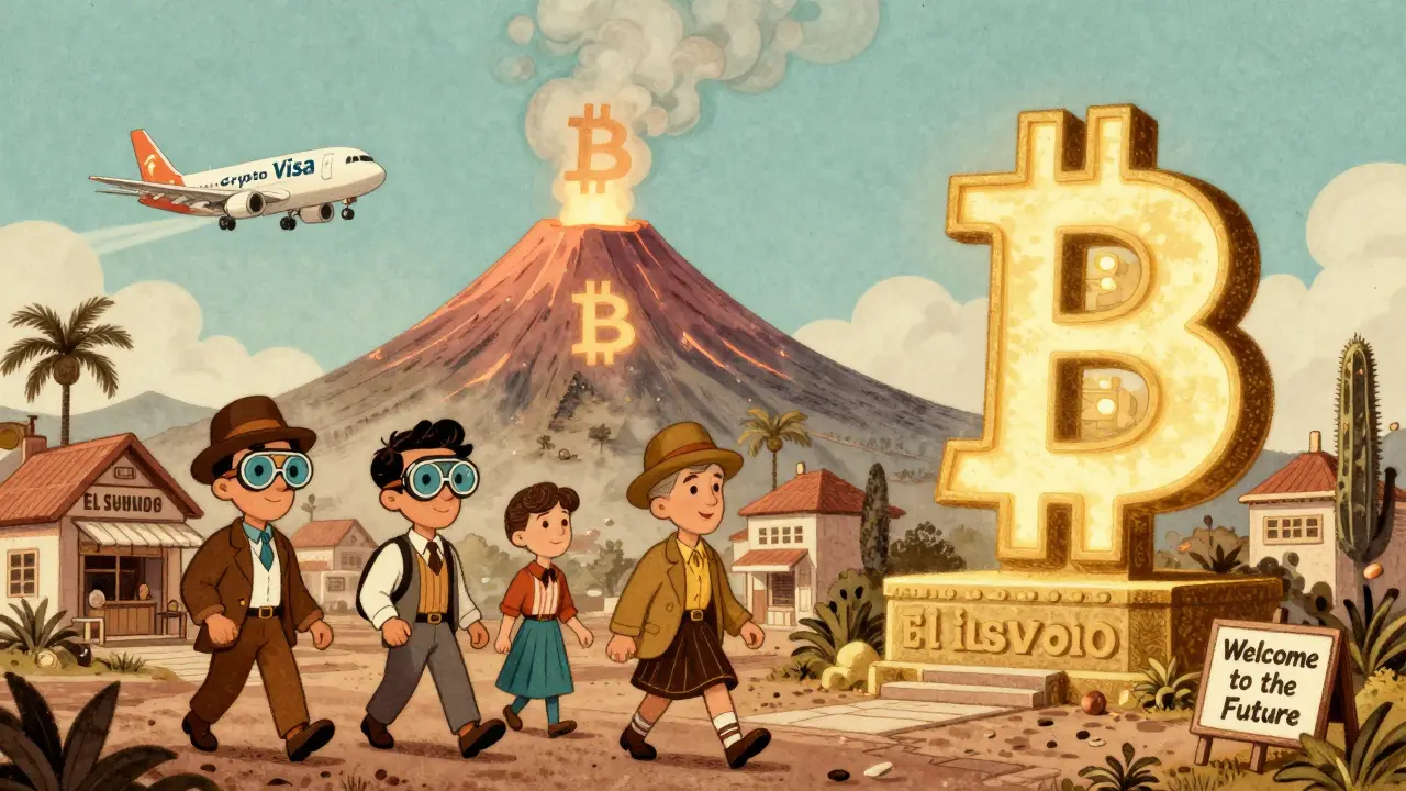 Bitcoin City built on a volcano with glowing crypto symbols and entrepreneurs in retro-futuristic attire.
