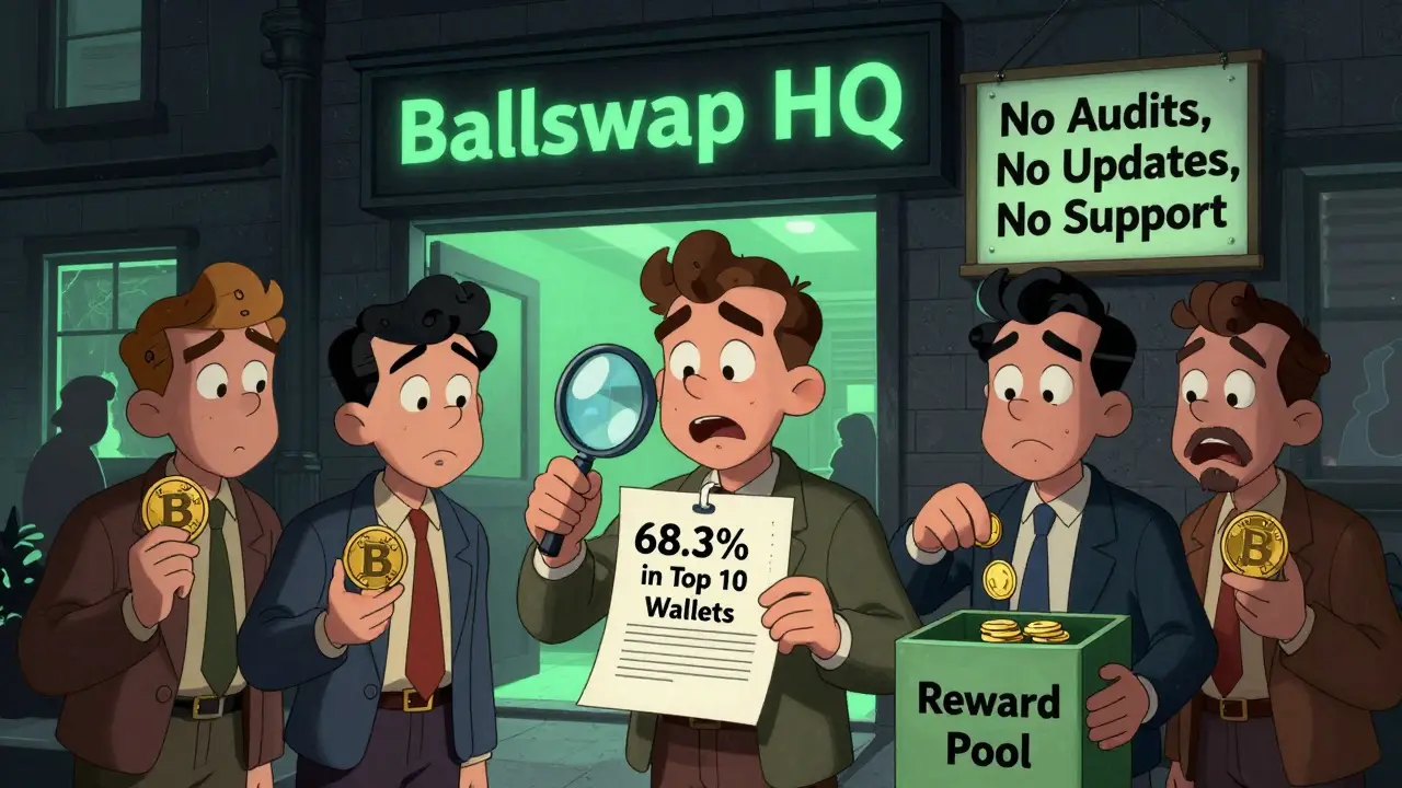 Confused users face a dark Ballswap building with no audits or updates in vintage cartoon style.