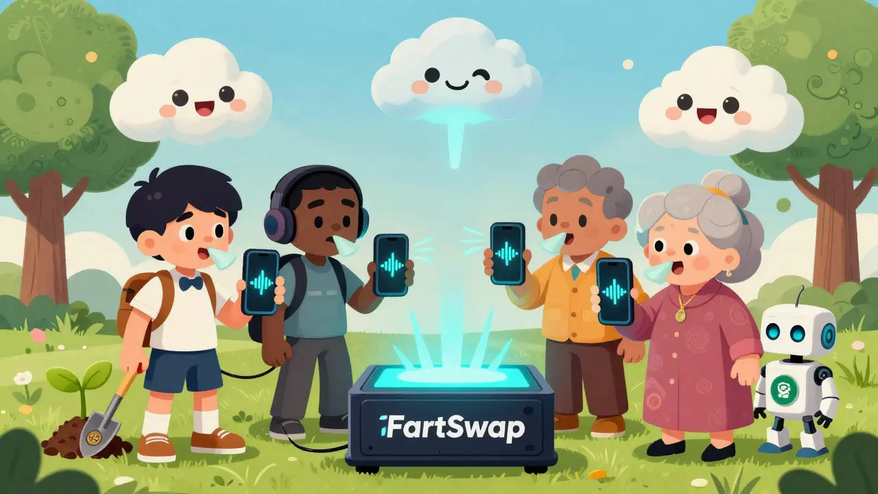 Diverse characters interact with a blockchain interface called FartSwap, hearing fart sounds, as NFT clouds and a tree-planting robot look on.