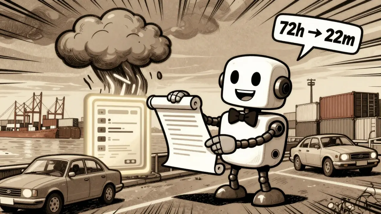 Friendly smart contract robot adjusting a contract as storms and traffic delays occur.