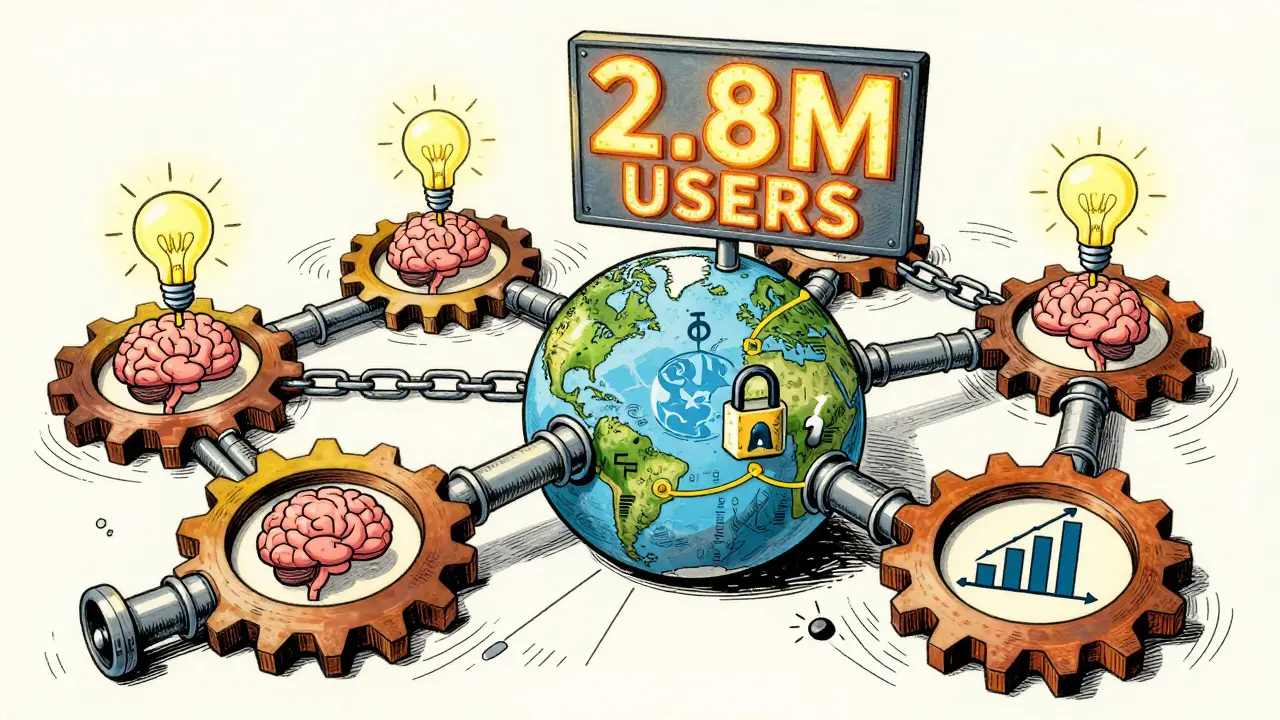 Global network of gears and AI brains connected by blockchain chains, serving multiple industries.