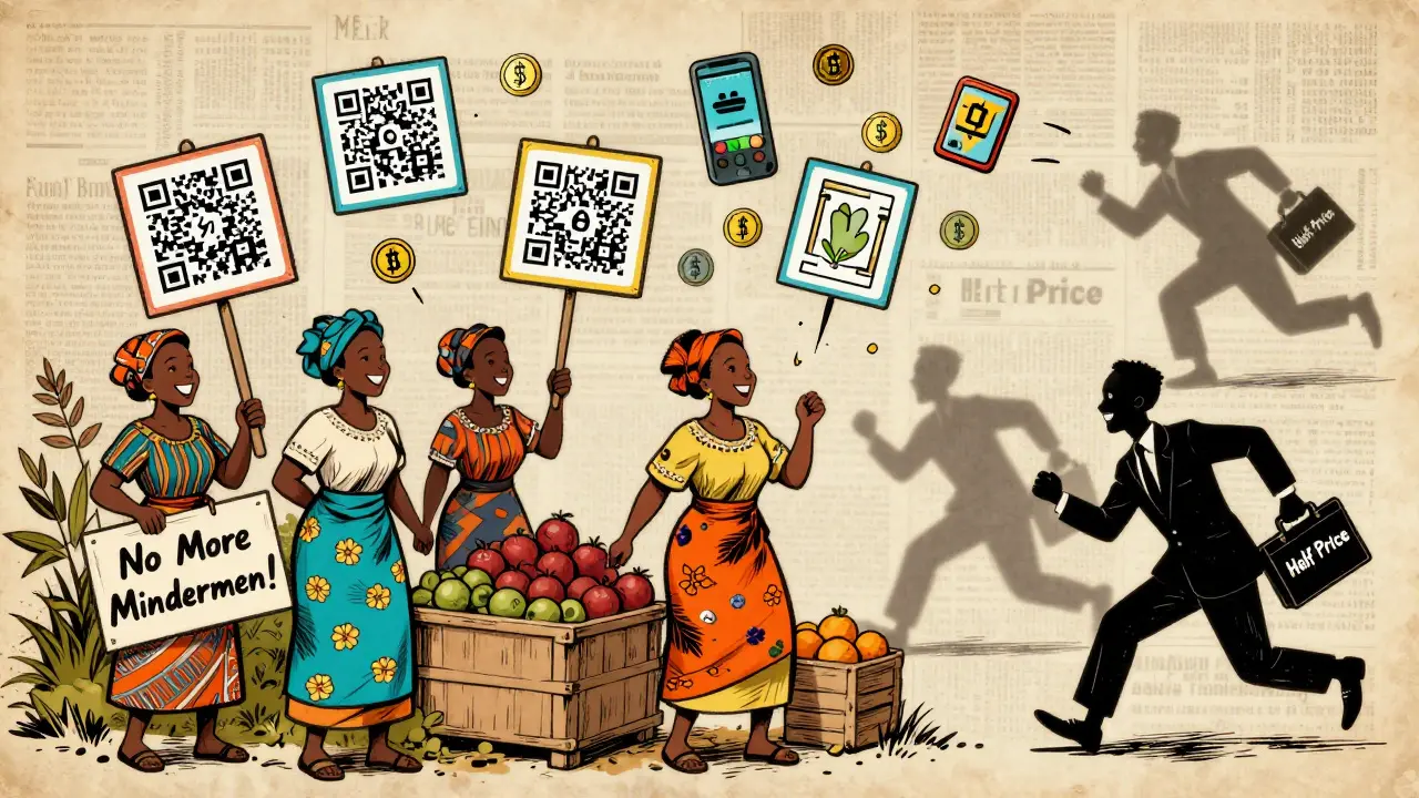 Kenyan women farmers receive digital payments via QR codes, while middlemen flee in panic with 'Half Price' signs.