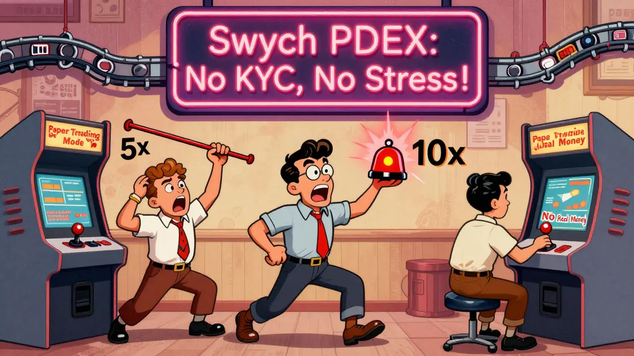 Retro cartoon characters trading on a decentralized exchange with floating collateral adjustments and paper trading arcade machine.