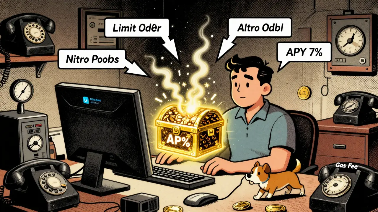 Retro-style trader using MetaMask with limit orders and Nitro pools glowing like treasure chests.