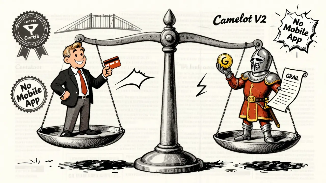 Scale balancing centralized exchange vs Camelot V2 knight with GRAIL token and audit seal.