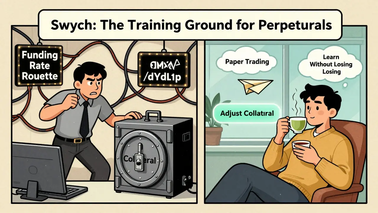 Split-panel cartoon comparing risky trading on GMX/dYdX with calm, flexible trading on Swych PDEX.