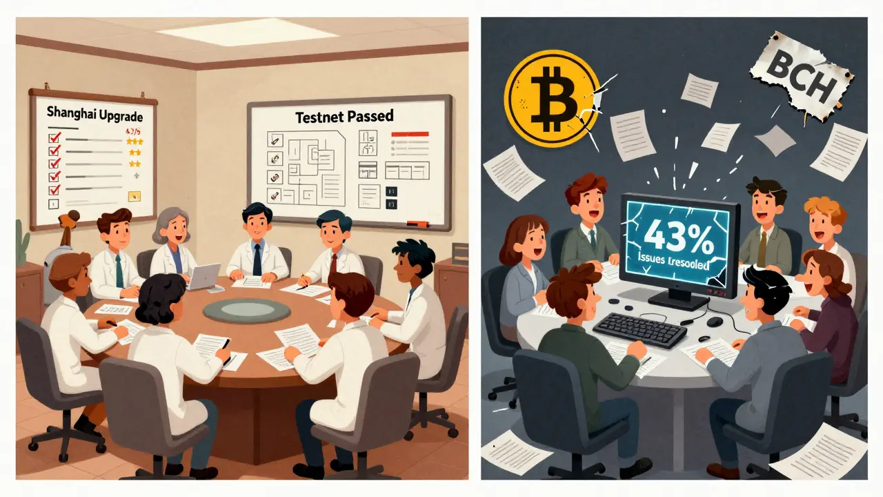 Vintage cartoon scene comparing organized developers planning an upgrade versus chaotic Bitcoin Cash arguments.