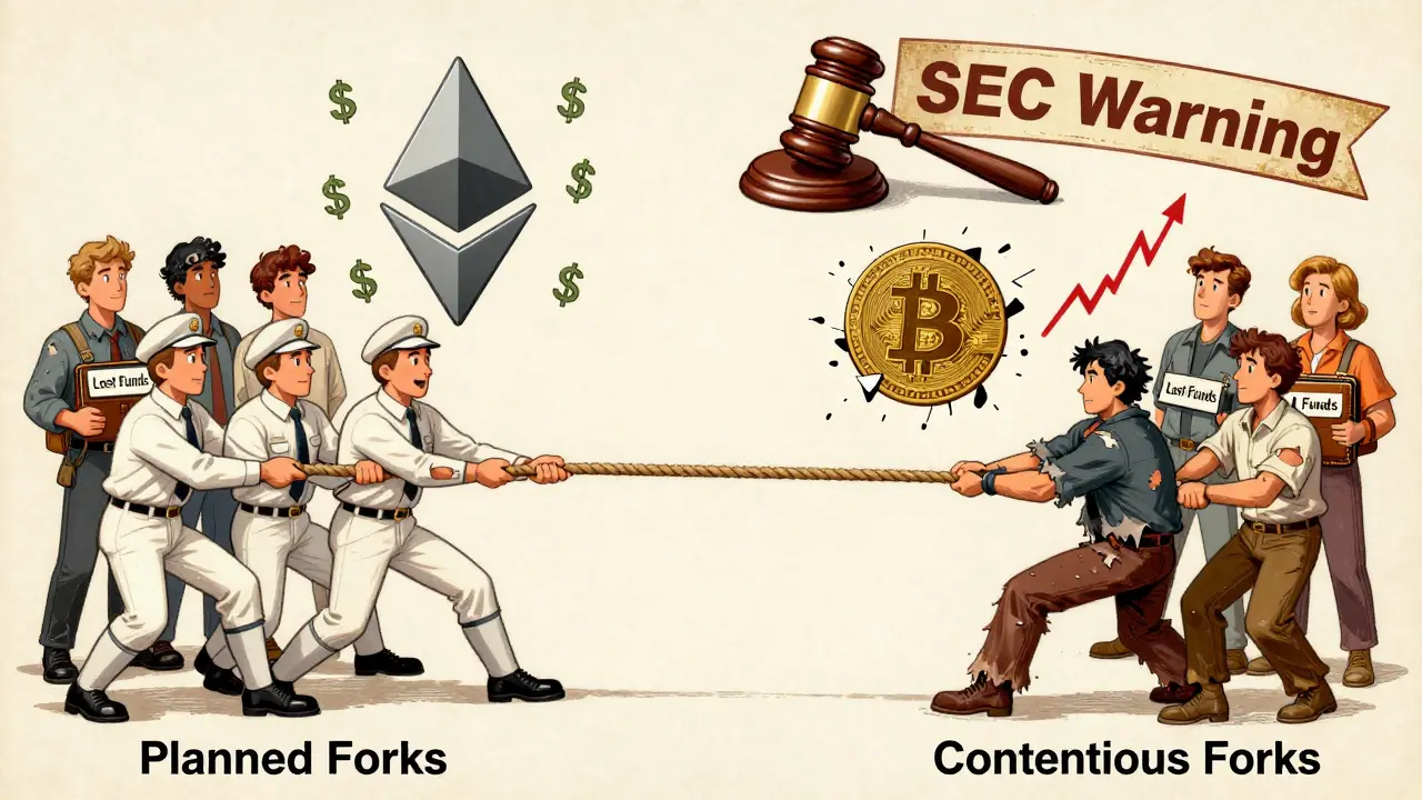 Vintage cartoon tug-of-war between planned forks rising in value and contentious forks collapsing.