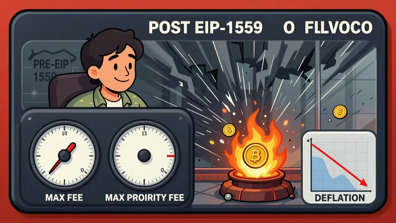 Vintage cartoon wallet dashboard showing pre- and post-EIP-1559 gas fee systems with ETH burning.