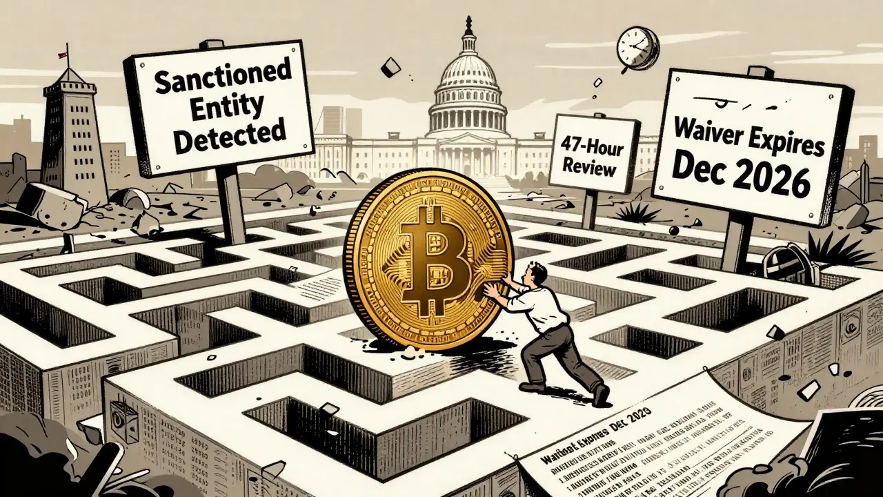 A Bitcoin coin struggles through a maze of bureaucratic obstacles labeled with U.S. sanctions rules.