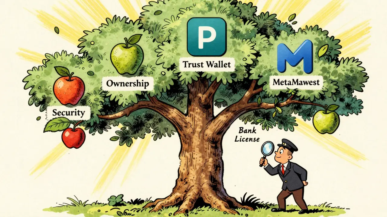 A blockchain tree with wallet brands as branches, resisting a regulator's attempt to label it a bank.