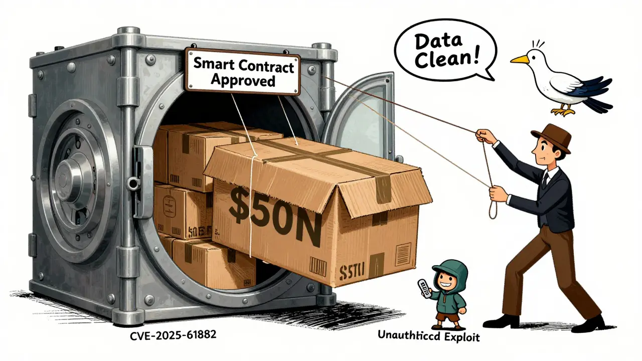 A cartoon vault filled with fake inventory, manipulated by a hacker using a vulnerability exploit.