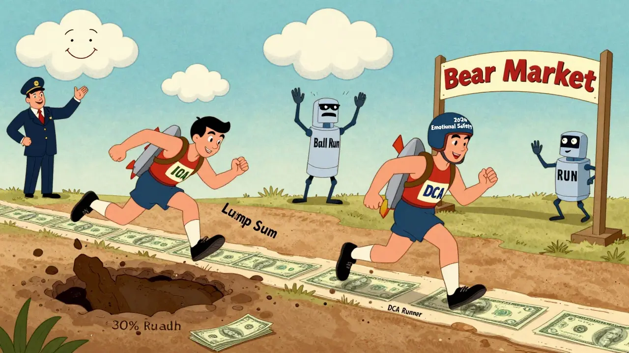 A crypto marathon race between lump sum and DCA strategies, illustrated in nostalgic vintage cartoon style.