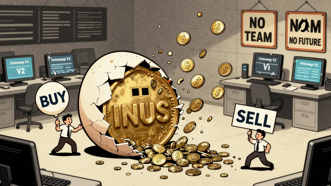 A giant INUS token cracks open as traders tug on it, releasing millions of vanishing coins in a chaotic trading scene.