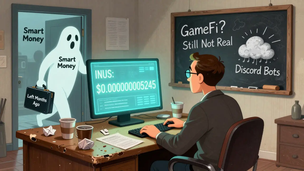 A lone investor stares at a worthless INUS price on screen as a ghost of smart money walks away, with a chalkboard saying 'GameFi? Not Real'.