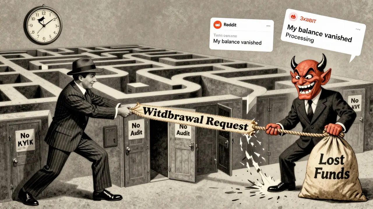 A man pulls a withdrawal rope that vanishes into thin air, surrounded by locked doors and a demon holding stolen funds.