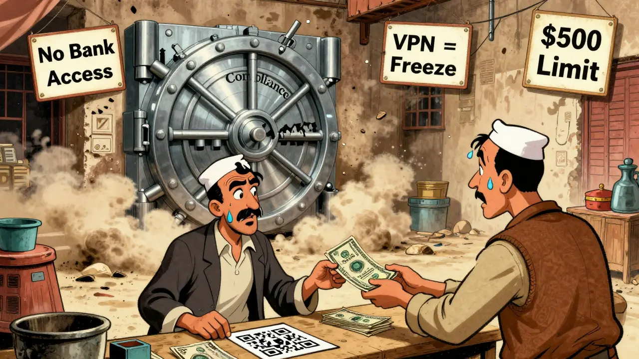 A man trades crypto for cash in a dusty market as a giant bank vault slams shut above them.