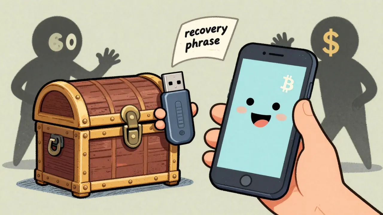 A person holds a USB treasure chest wallet while shadowy figures try to steal a recovery phrase slip.