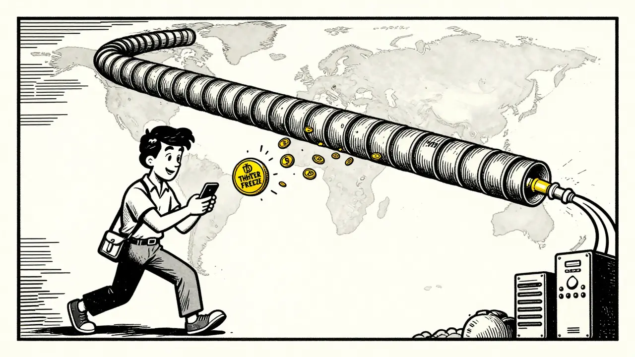 A person swaps ETH for DAI on Polygon as a frozen USDT coin breaks apart, with a global VPN tunnel visible.