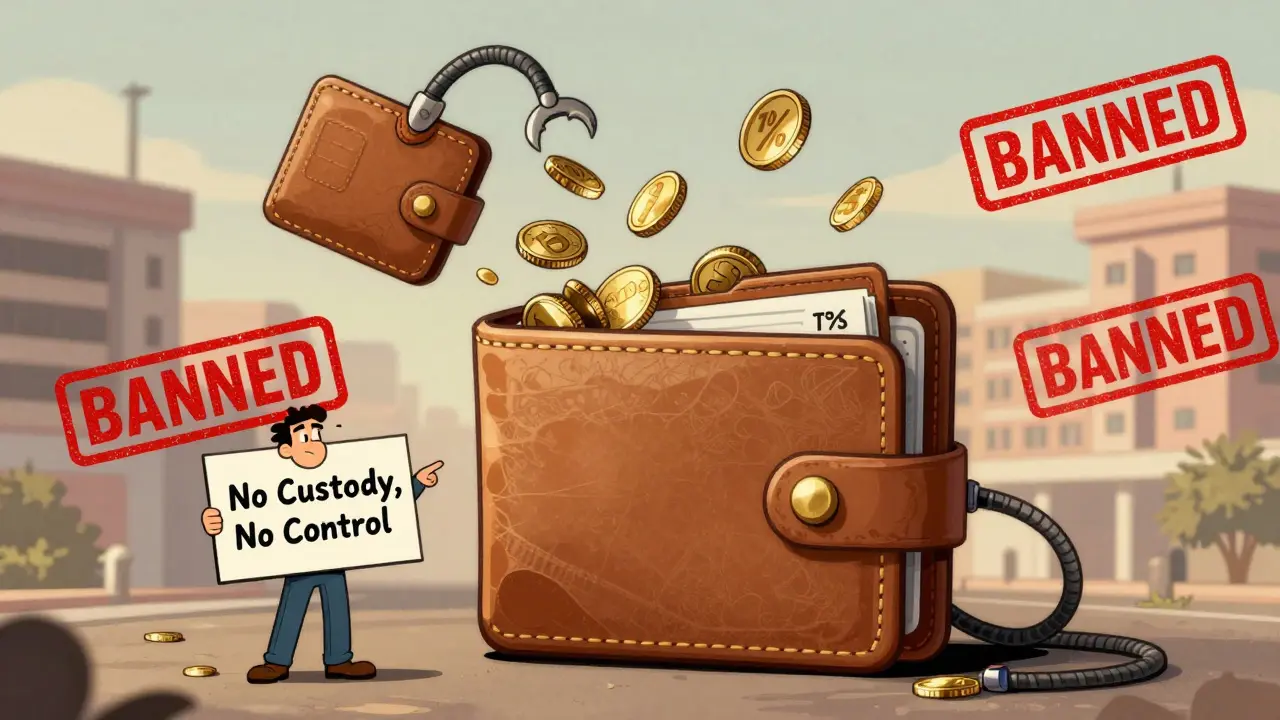 A tax claw snatching crypto coins from a wallet while the user shrugs in disbelief.