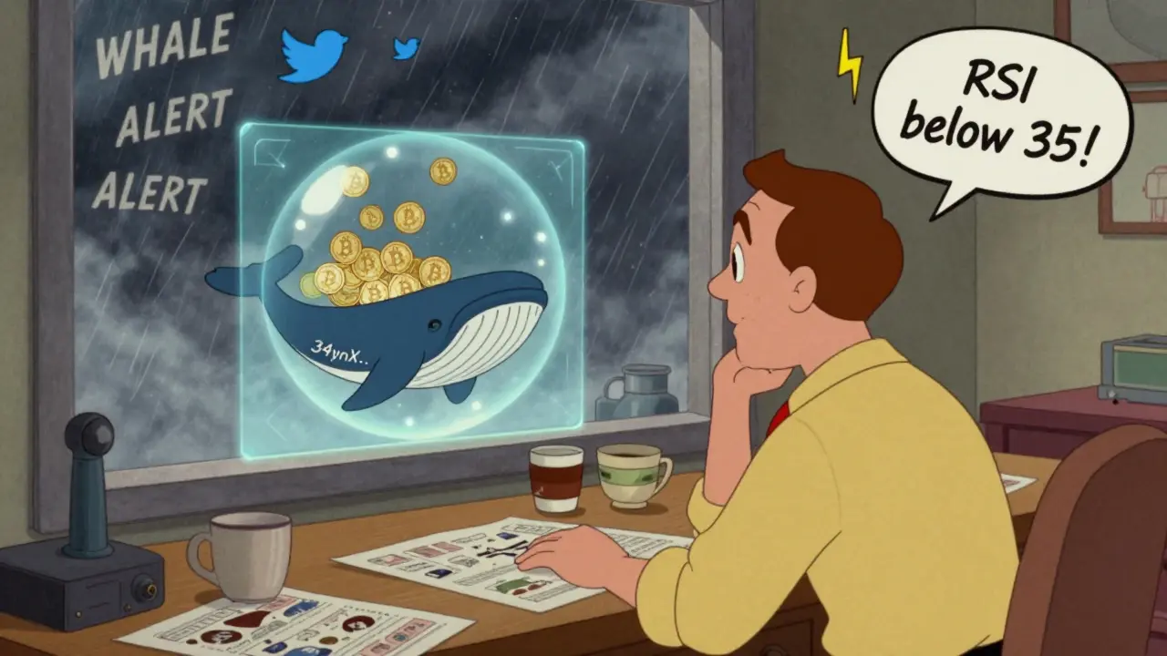 A trader watching a whale wallet accumulate Bitcoin, with RSI and alert notifications floating nearby in vintage cartoon style.