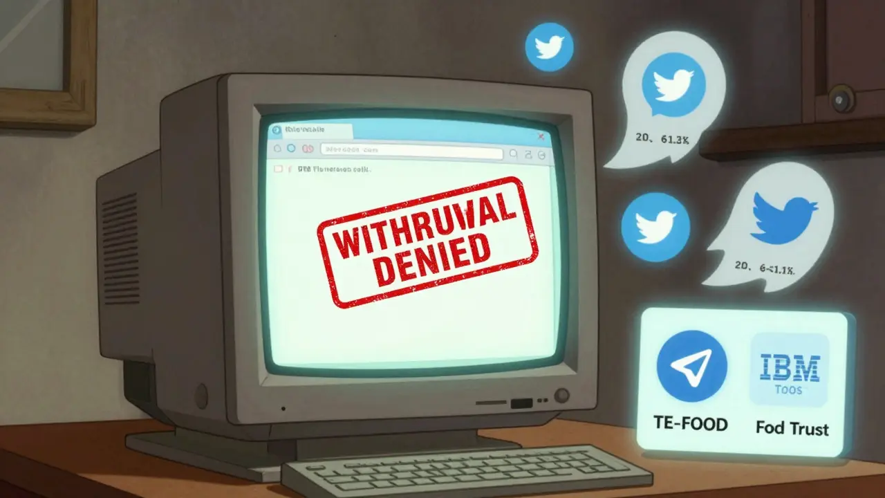 An abandoned website on an old monitor with ghostly social media icons and a 'WITHDRAWAL DENIED' stamp.