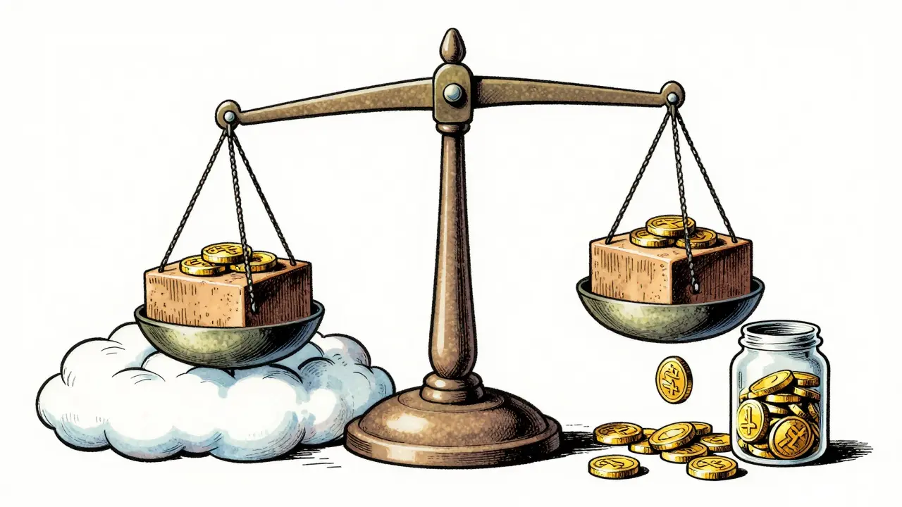 Balanced scale with weights cushioned, gold tokens flowing to jar