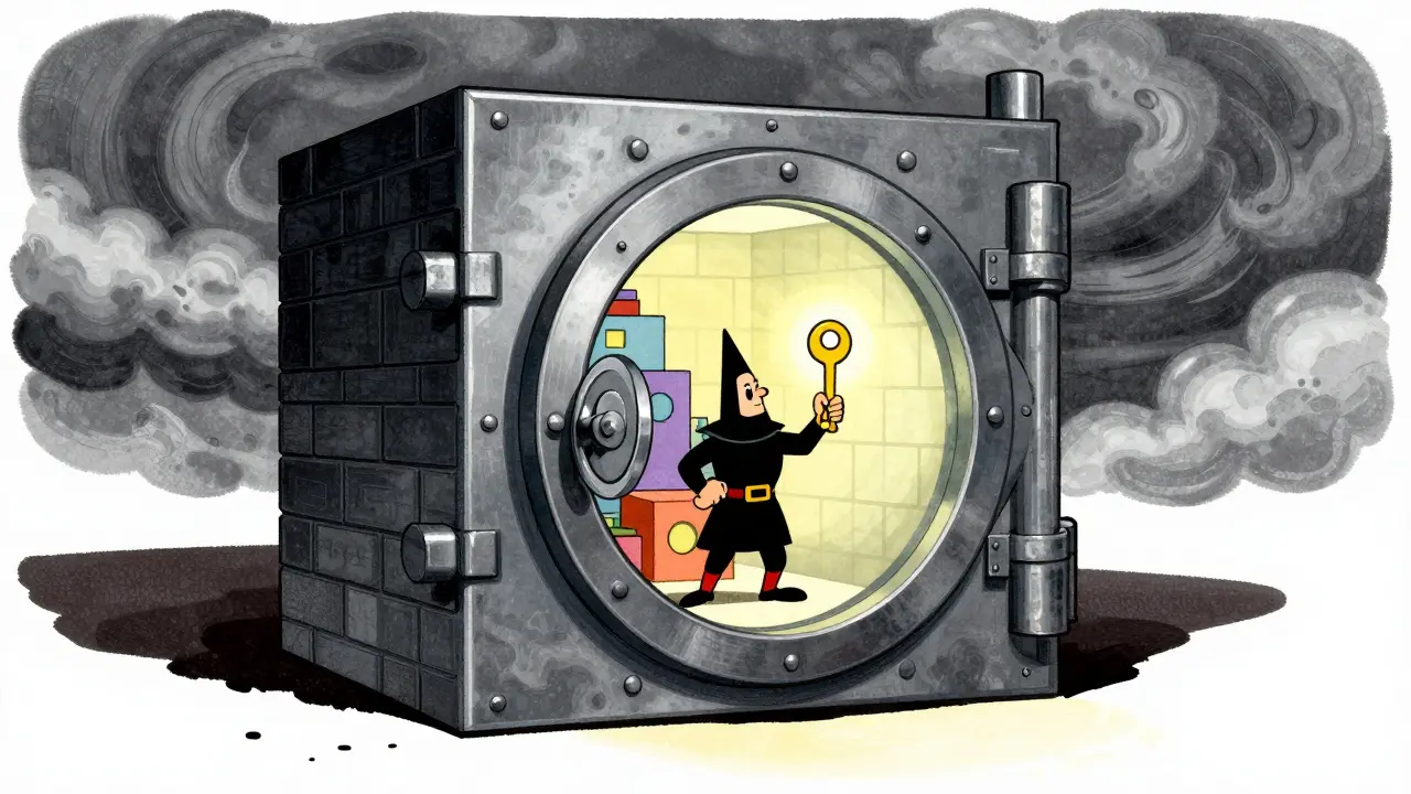 Brick vault guarded by character with key, shielding assets from storms