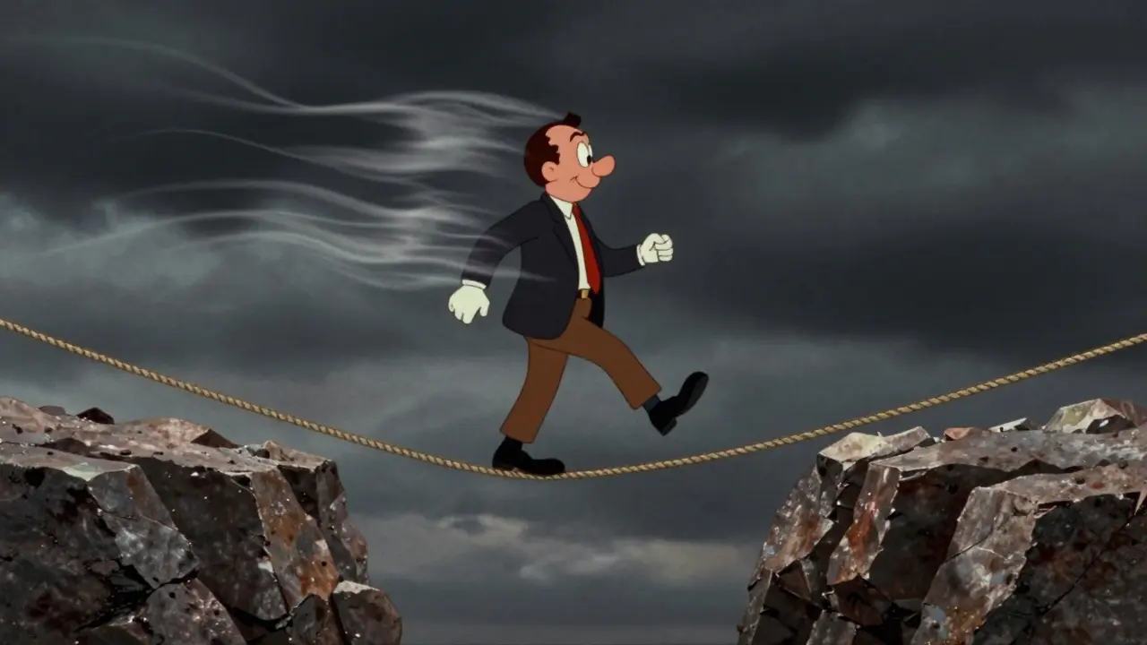 Cartoon character balancing on a tightrope over a volatile financial landscape.