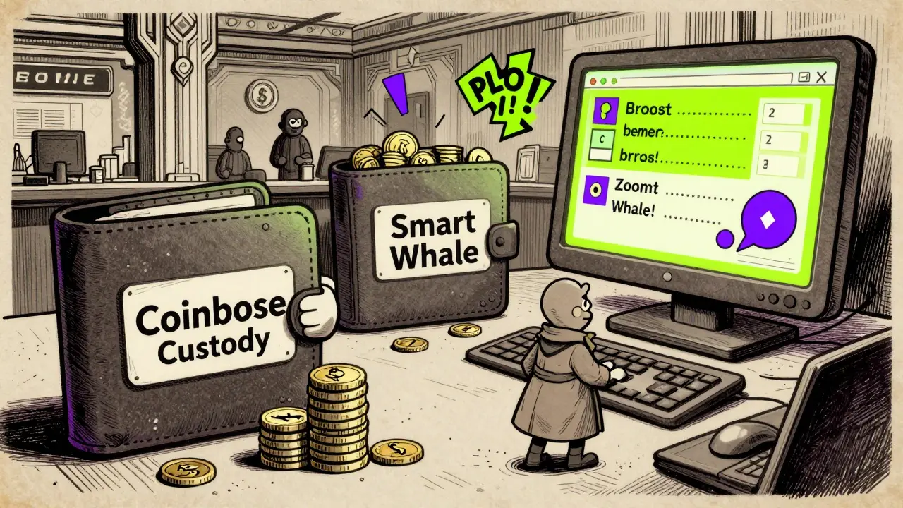 Cartoon wallets as characters on a crypto exchange floor, one sneakingly buying Ethereum while alerts pop up around them.