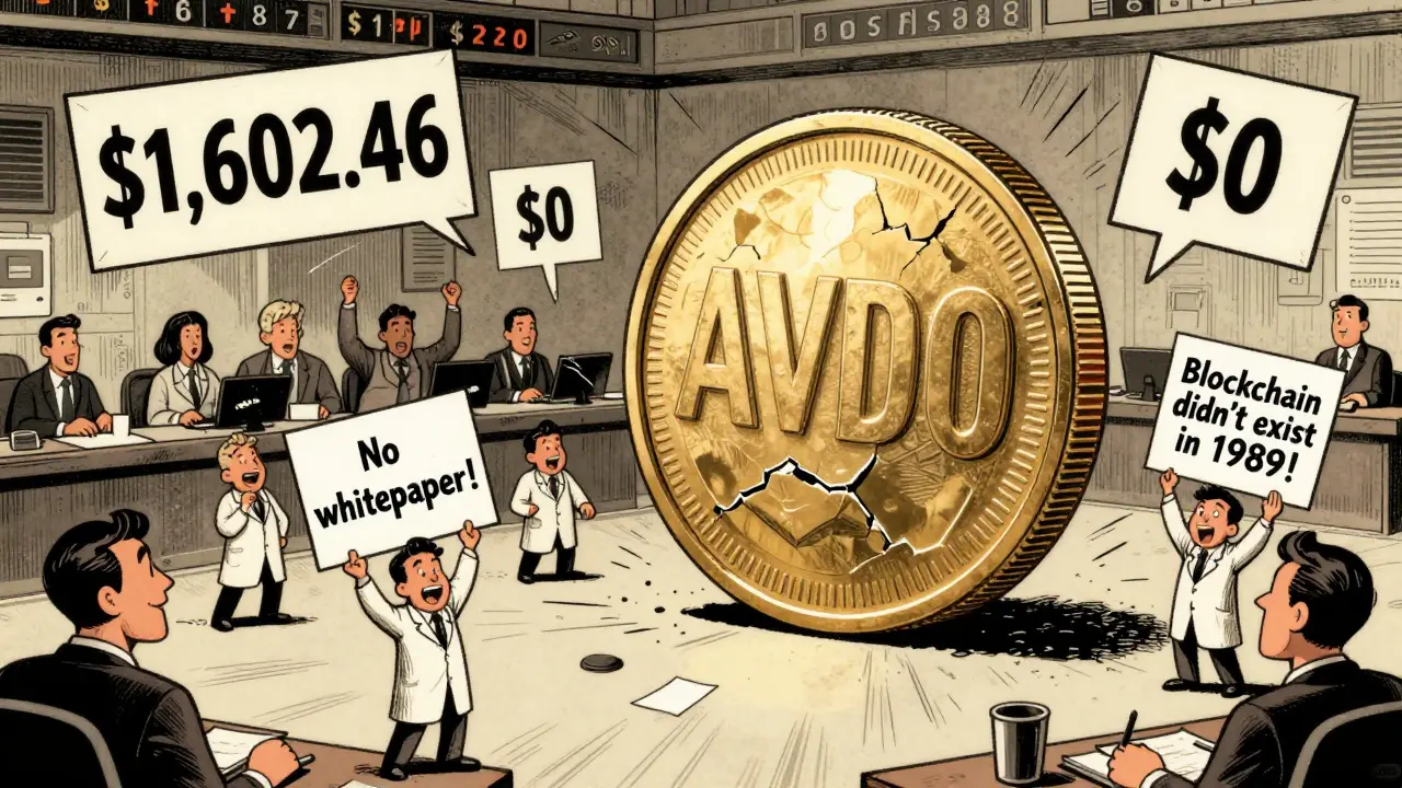 Chaos on a trading floor with conflicting AVDO price tags and signs exposing fake blockchain claims.