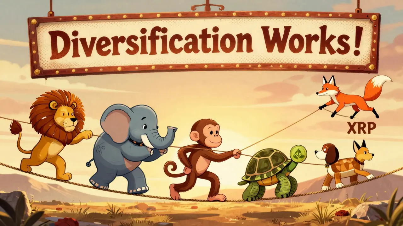 Circus tightrope walker balancing crypto animals, with XRP helping restore balance in a vintage cartoon style.