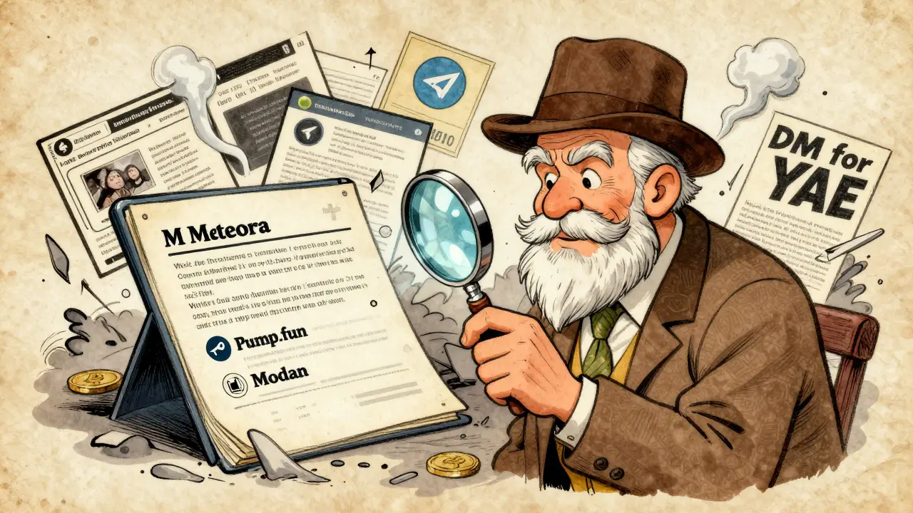 Crypto guru verifying real airdrops as fake scams collapse into smoke, classic vintage cartoon illustration.