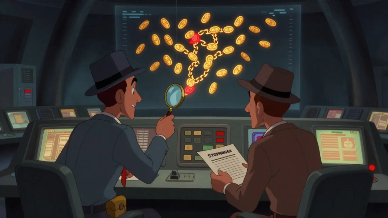 Detectives tracing digital blockchain chains with magnifying glasses in a control room.