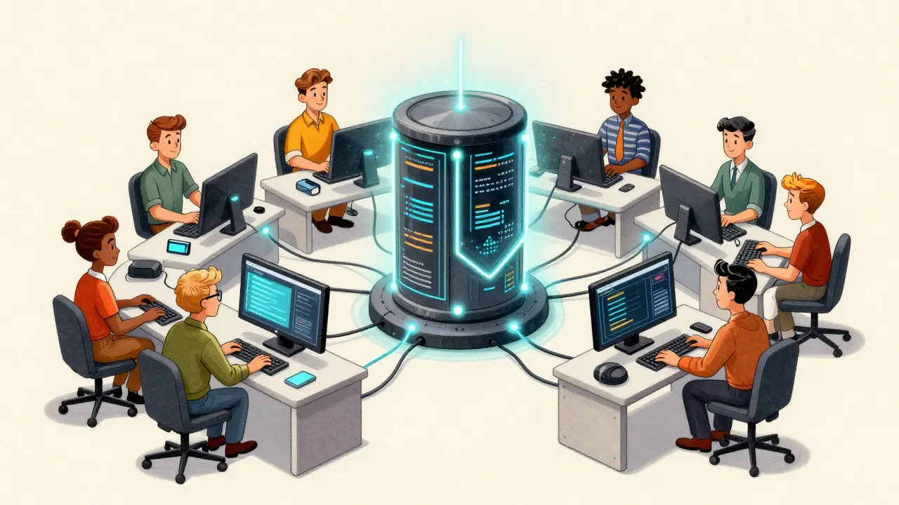 Developers building custom apps connected to a central data hub.