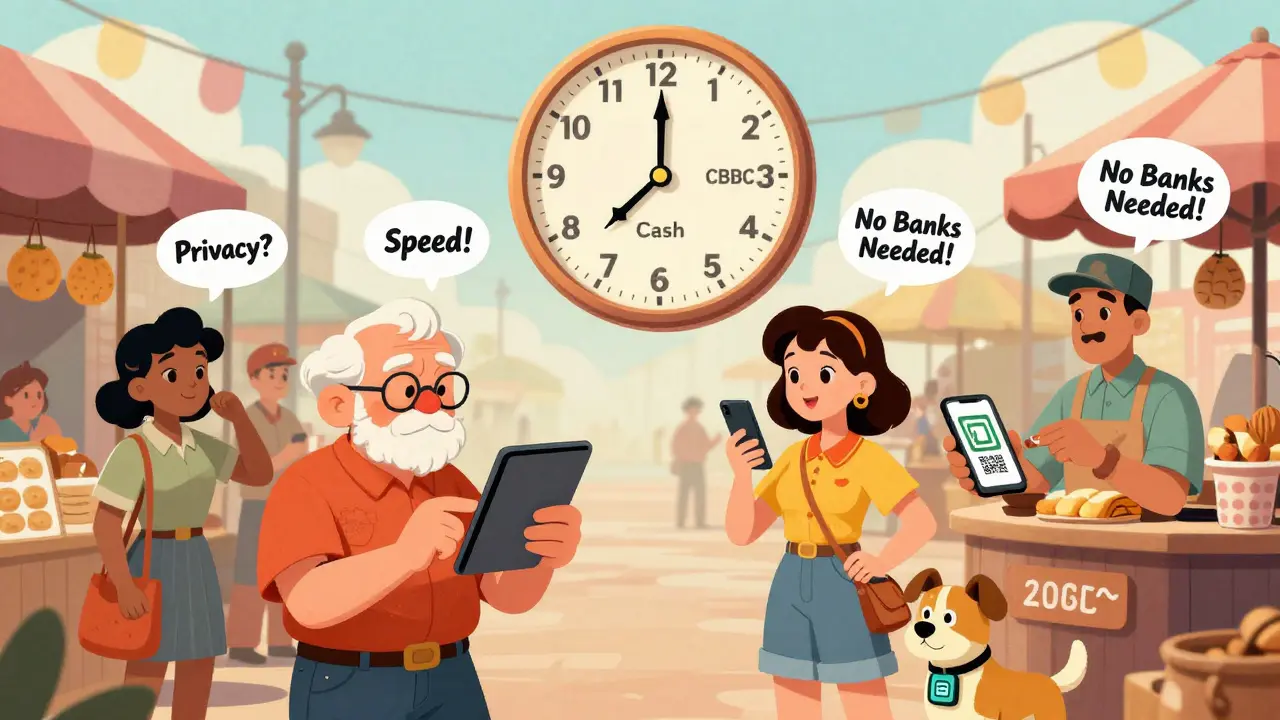 Diverse people in a market using digital currency while a clock ticks toward the future.