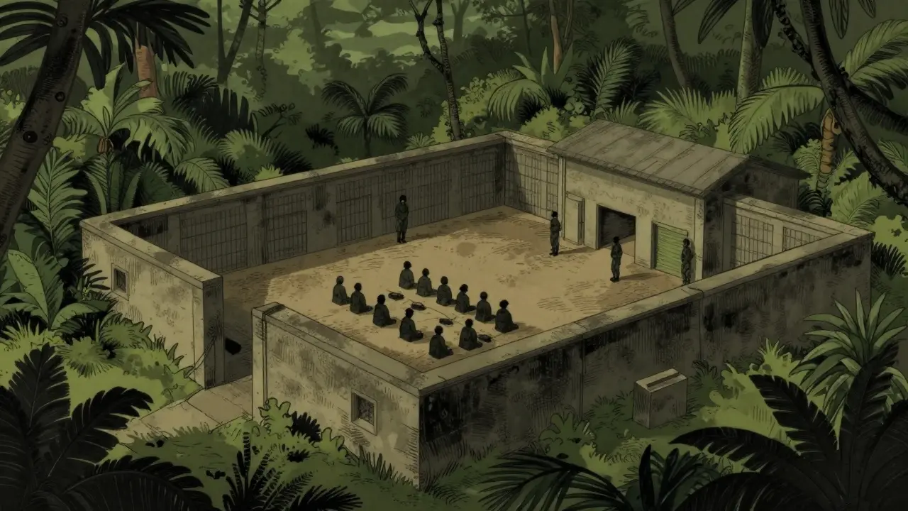 Guarded jungle compound with workers sitting in rows