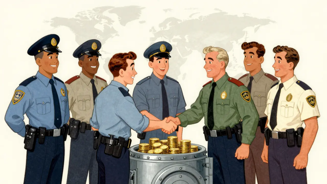 Law enforcement officers shaking hands beside a recovered chest of digital currency.