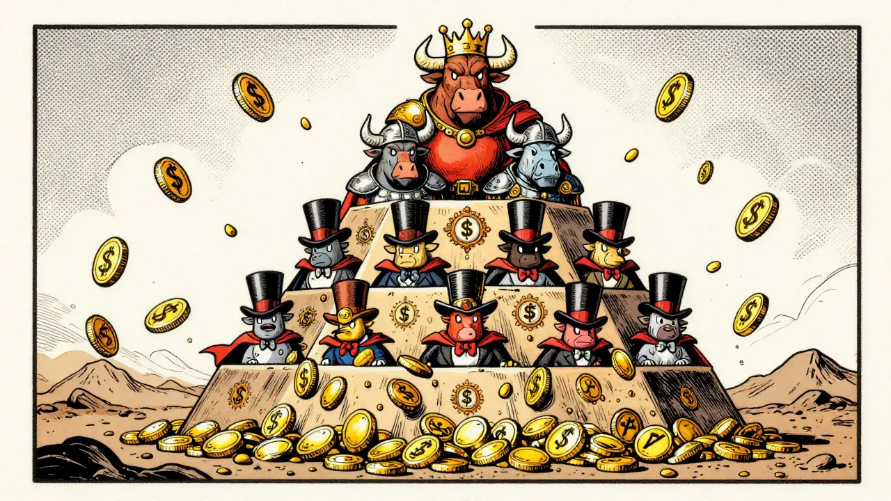 Lepasa ecosystem pyramid with Polqueen NFTs as subjects, Bull NFTs as knights, and $LEPA tokens as coins.