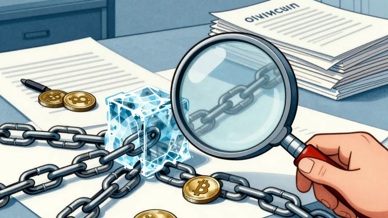 Magnifying glass inspecting frozen chains and tokens