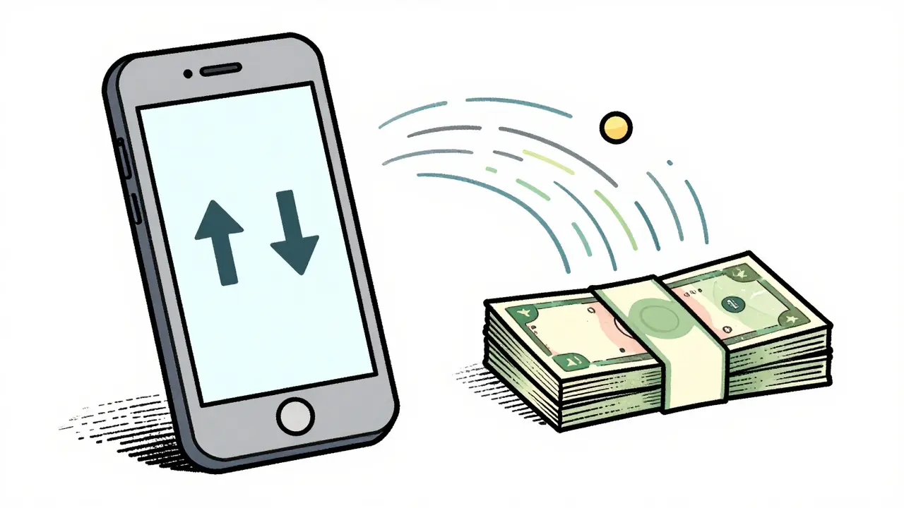Mobile device showing trading arrows next to transforming currency notes.