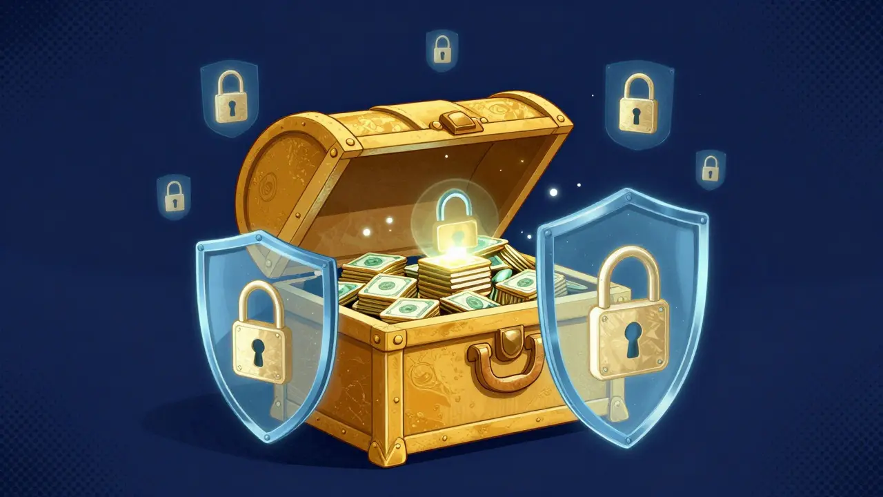 Open golden treasure chest holding digital tokens protected by security shields.