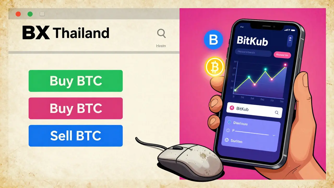 Outdated BX Thailand website next to a modern crypto app, showing the gap in tech evolution.